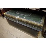 An antique green leather and brass studded trunk, camphor wood lined, 74.5cm wide.