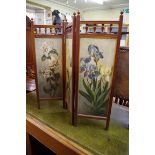An Aesthetic style mahogany small three fold table screen, painted with panels of flowers, 78 x 76.