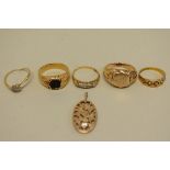 A quantity of gold and yellow metal jewellery, to include two diamond set rings.