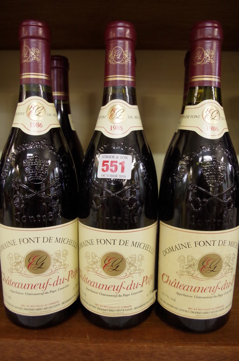 Six 75cl bottles of Chateau Neuf du Pape Font de Michelle, 1986. (6)PLEASE NOTE: ADDITIONAL VAT ON