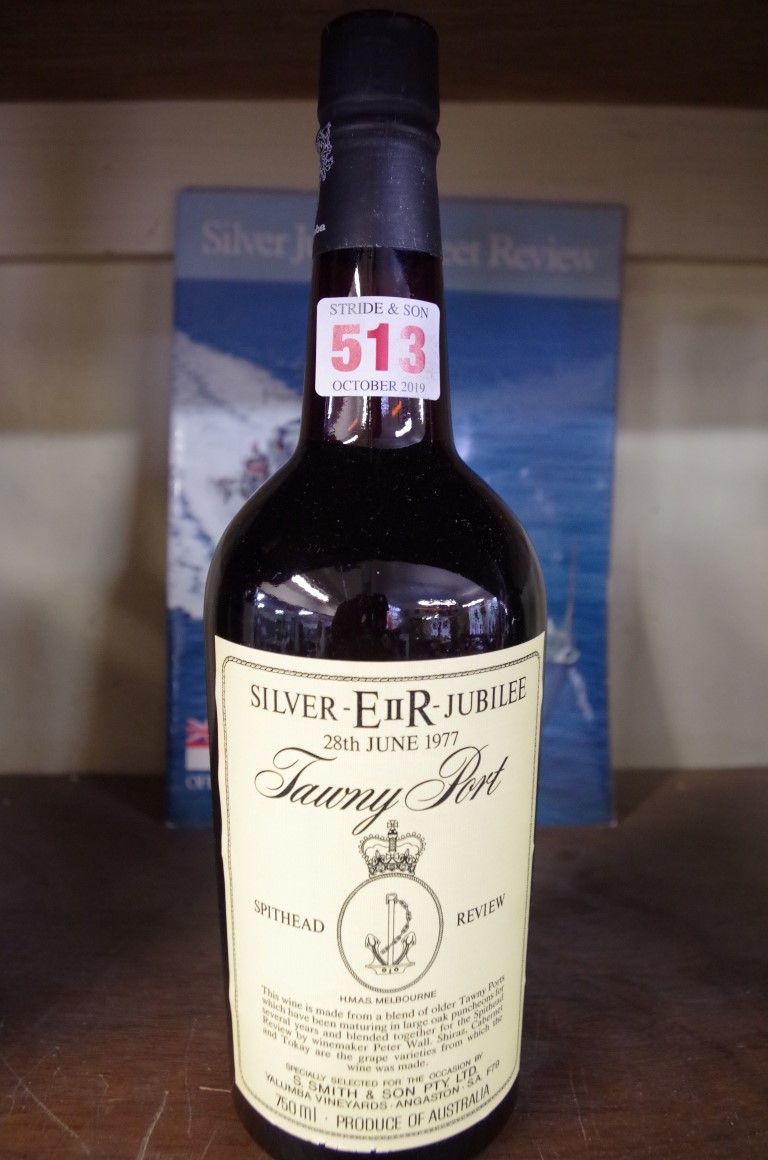 A 75cl bottle of 1977 Silver Jubilee tawny port, bottled for HMAS Melbourne, Spithead Review;