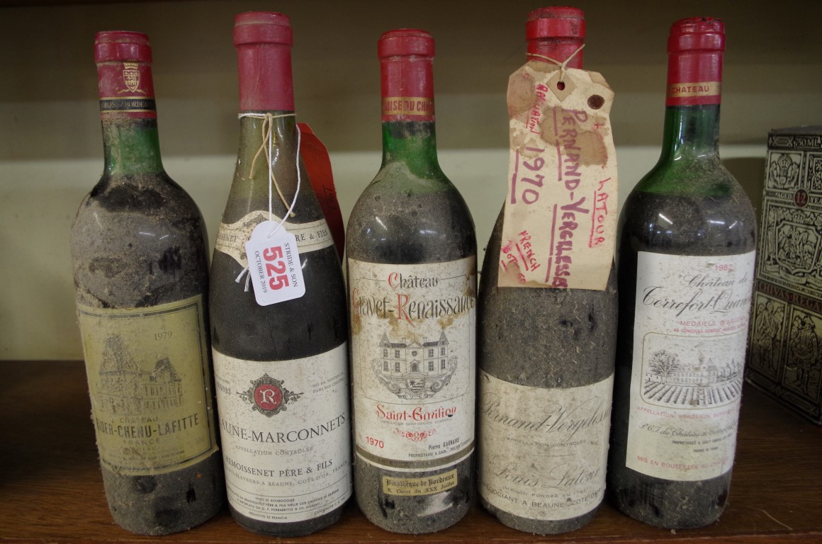 Five 75cl bottles of French red wine, comprising: a Chateau Rider-Chenu-Lafitte 1979; a Chateau de