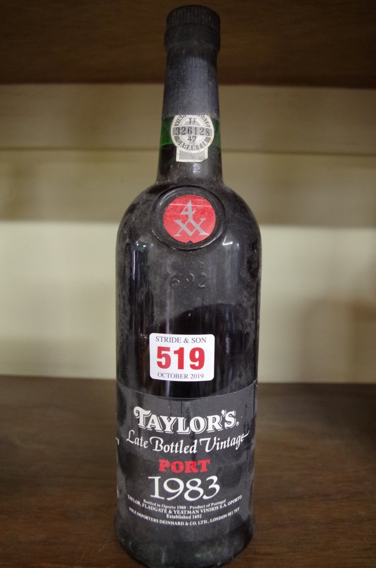 A 70cl bottle of Taylor's 1983 LBV port, bottled in 1988.