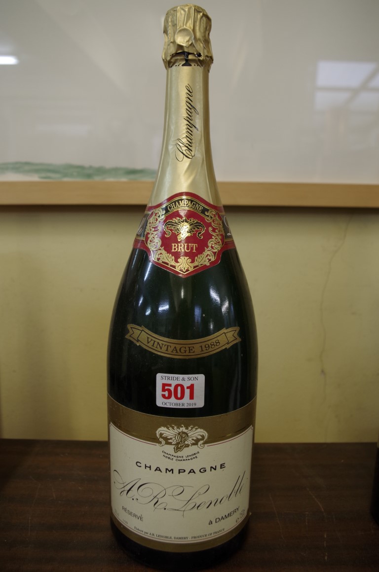 A 150cl magnum bottle of 1988 Lenoble Brut Reserve vintage champagne.