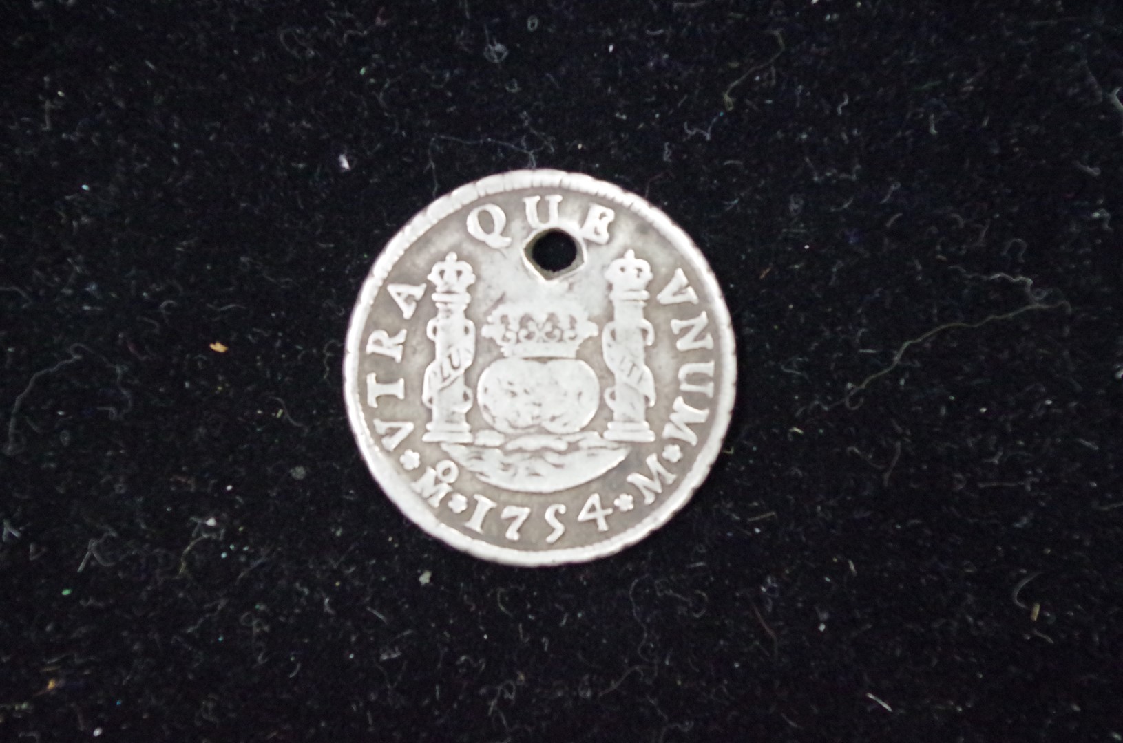 A Mexico two reales coin 1754, drilled. - Image 2 of 2