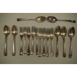 A quantity of Georgian silver Old English pattern flatware, various makers and dates, 1016g.