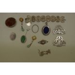 A small collection of silver and other jewellery, to include a carved jade brooch and a Victorian