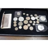 Coins: a George III 1787 silver shilling; together with a 1797 cartwheel twopence; and various other