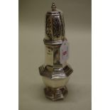 A silver baluster sugar castor, by D J Silver repairs, London 1970, 21cm high, 214g.