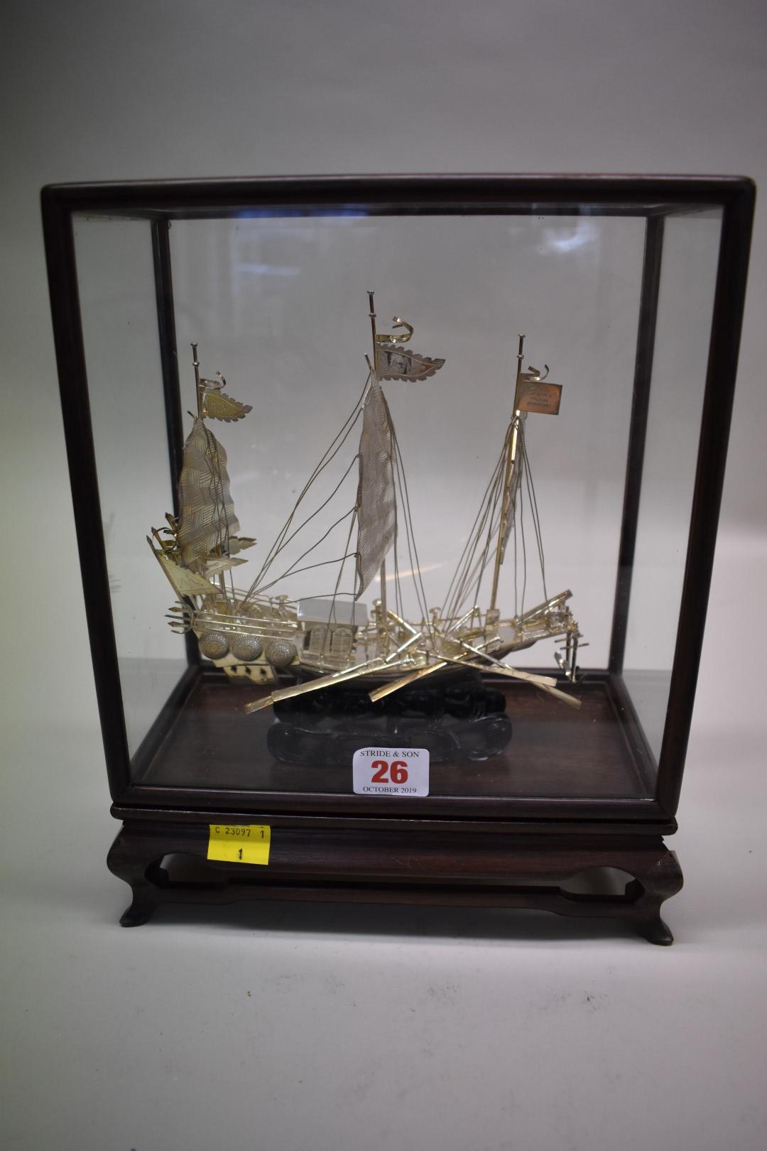 A Chinese silver model of a junk, by Wei Kei, Hong Kong, stamped sterling silver, height excluding - Image 4 of 4