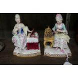 A pair of Meissen porcelain figures, 14.5cm high, (one head re-stuck).