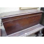 A Victorian mahogany casket, possibly for pianola rolls, with elaborate brass side carrying handles,