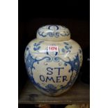 A blue and white tobacco jar and cover, inscribed St Omer, 30cm high.