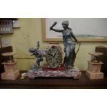 An Art Deco marble and metal figural matched clock garniture, the clock 41cm high, with pendulum.