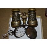 An antique silver hunter cased pocket watch; together with a pair of brass opera glasses, (both s.