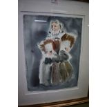 A watercolour costume design for Mistress Quickly from Shakespeare's 'The Merry Wives of Windsor',