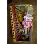 A quantity of toys and related, to include a vintage Roddy doll.