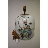 A Chinese famille rose ovoid jar, painted with figures and a mythical creature, the back with five