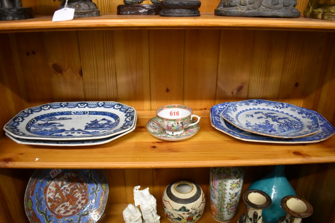 A near pair of Chinese blue and white meat plates, late 18th century, 285cm wide; together with