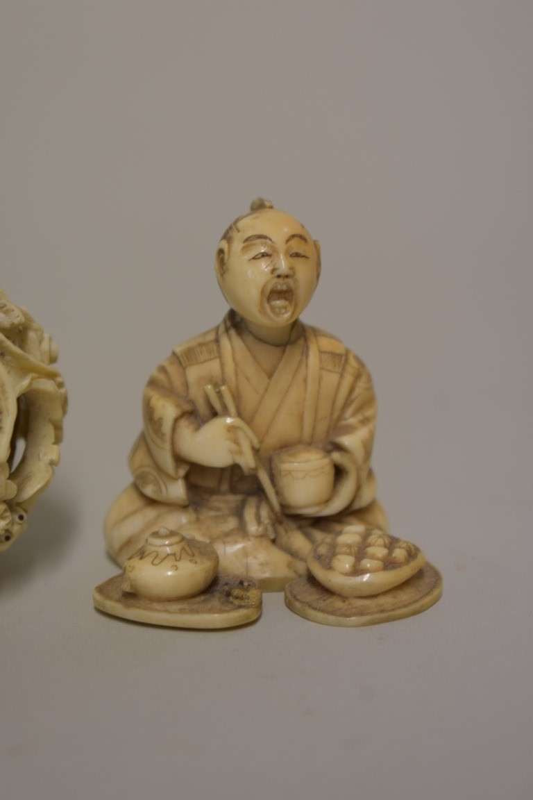 A small group of Chinese and Japanese carved ivory, comprising: a seated figure, seal mark to - Image 4 of 8