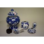A small group of Chinese blue and white, to include: a prunus jar and cover, 26cm high. (8)