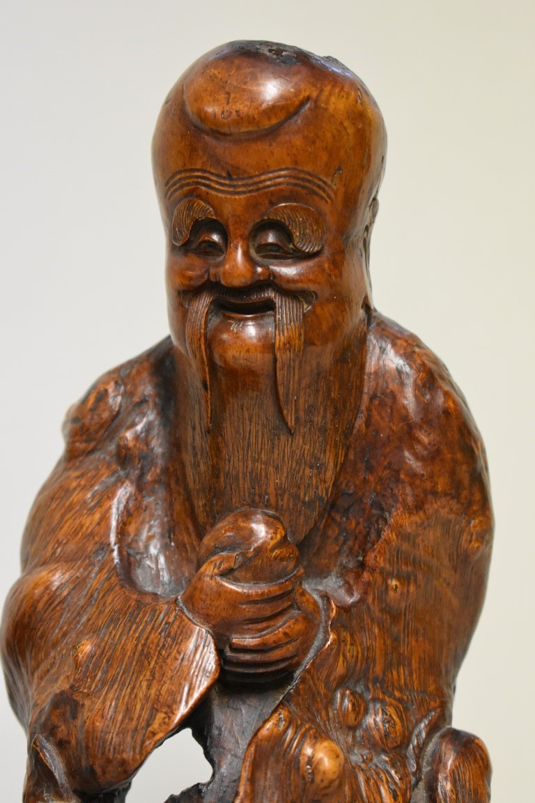 A Chinese carved rootwood figure group, Qing, 26cm high; together with another Chinese carved bamboo - Image 2 of 4