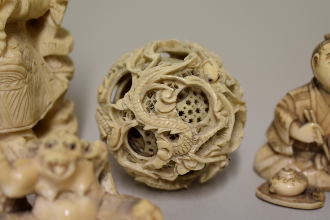 A small group of Chinese and Japanese carved ivory, comprising: a seated figure, seal mark to - Image 5 of 8
