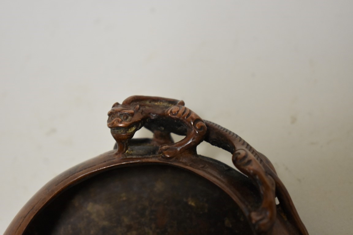 A Chinese bronze twin handled censer, four character seal mark to base, with chilong handles, 12cm - Image 2 of 3