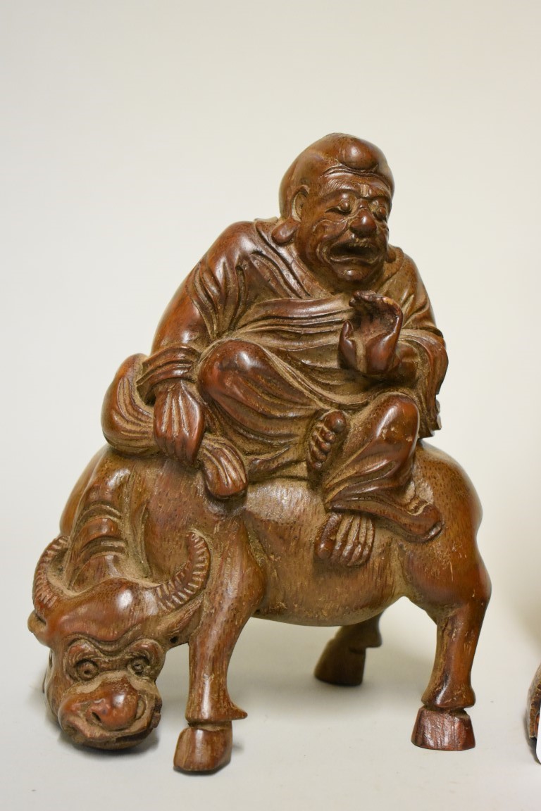 A Chinese carved rootwood figure group, Qing, 26cm high; together with another Chinese carved bamboo - Image 3 of 4