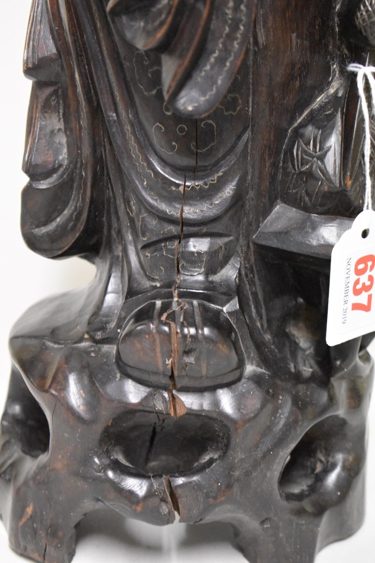 A large Chinese carved wood wood metal wire inlaid figural lamp, 49cm high. - Image 3 of 4