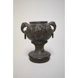 An interesting and unusual Chinese Archaic twin handled dou or stem cup, relief decorated with