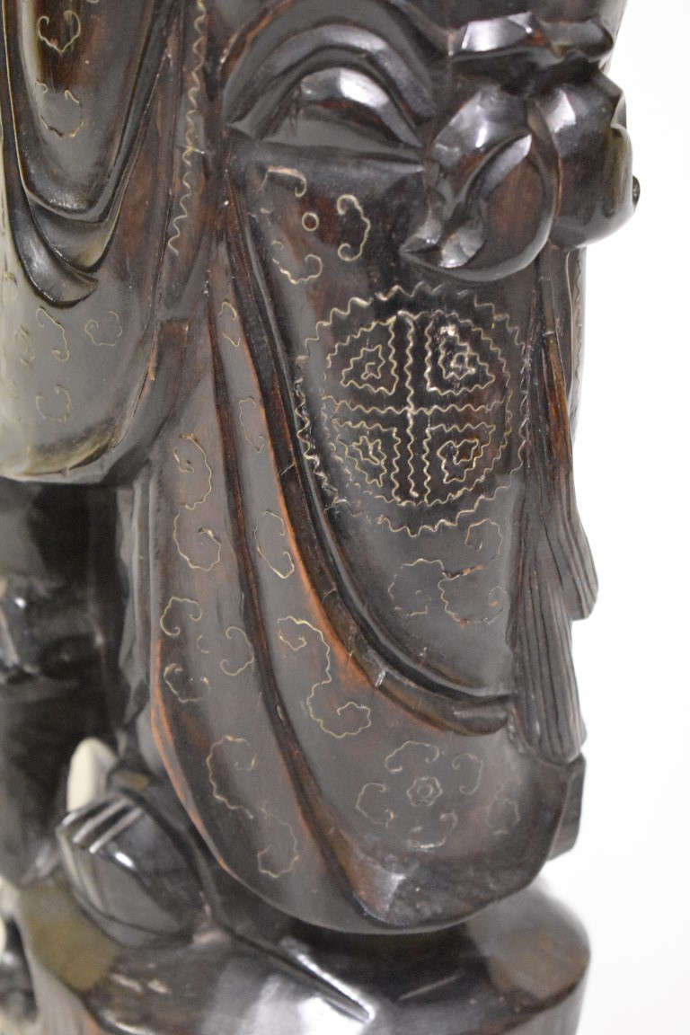 A large Chinese carved wood wood metal wire inlaid figural lamp, 49cm high. - Image 4 of 4