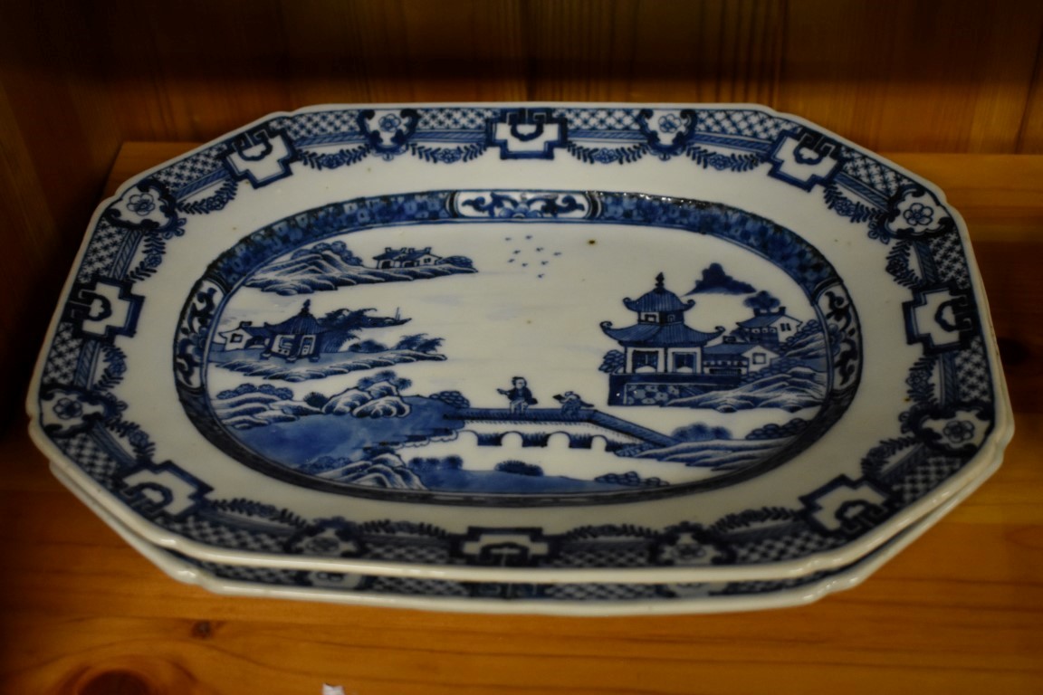 A near pair of Chinese blue and white meat plates, late 18th century, 285cm wide; together with - Image 3 of 4
