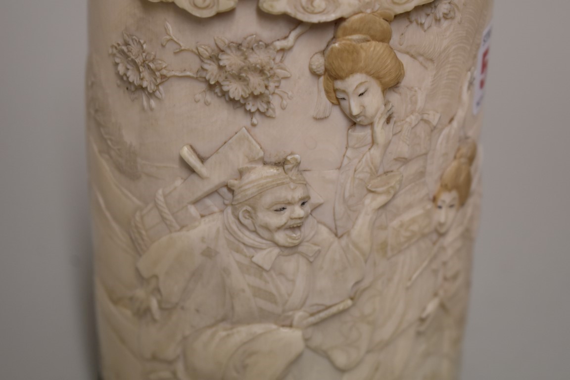 A Japanese ivory tusk vase and cover, Meiji, carved in relief with a figure and geishas in a garden, - Image 3 of 7
