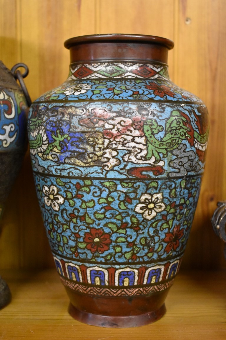 A mixed group of Oriental metalware, to include: two cloisonne enamel vases, largest 29.5cm; a - Image 4 of 9