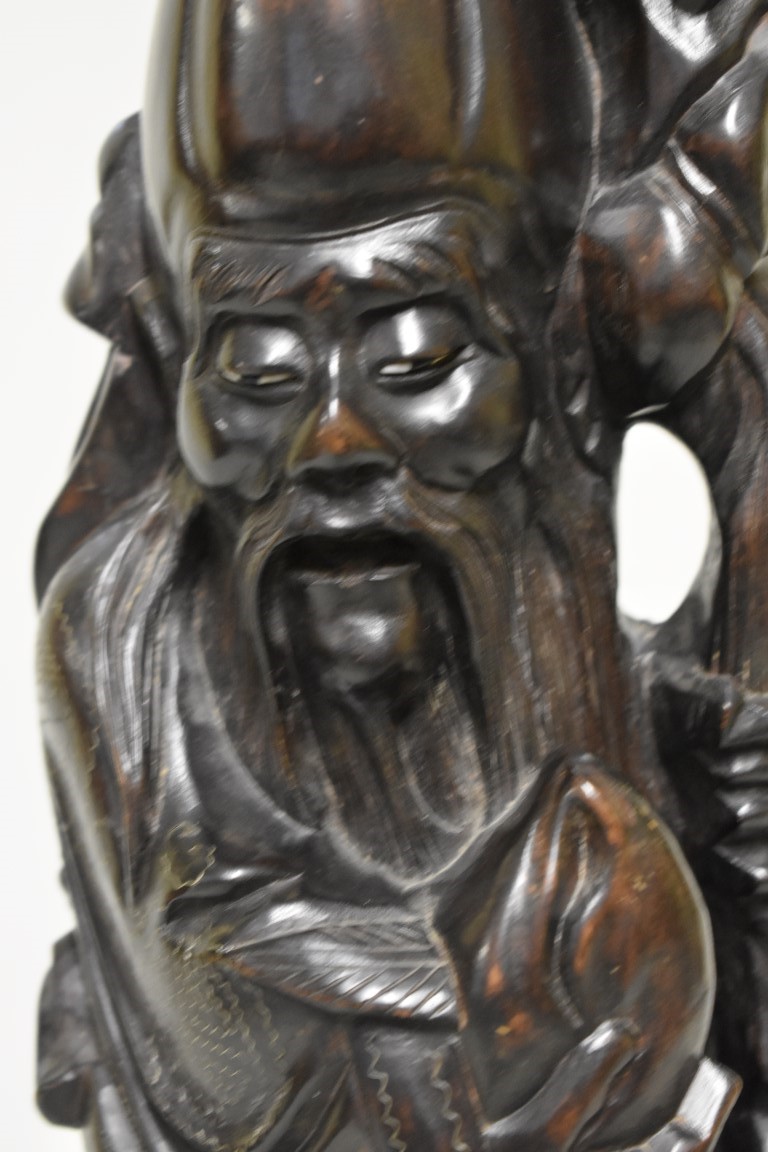 A large Chinese carved wood wood metal wire inlaid figural lamp, 49cm high. - Image 2 of 4