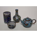 Four Chinese cloisonne enamel items, comprising: a teabowl, possibly Ming, 7.5cm diameter; a