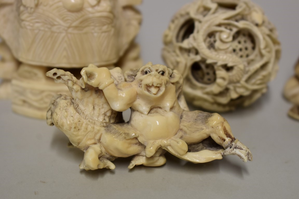 A small group of Chinese and Japanese carved ivory, comprising: a seated figure, seal mark to - Image 3 of 8