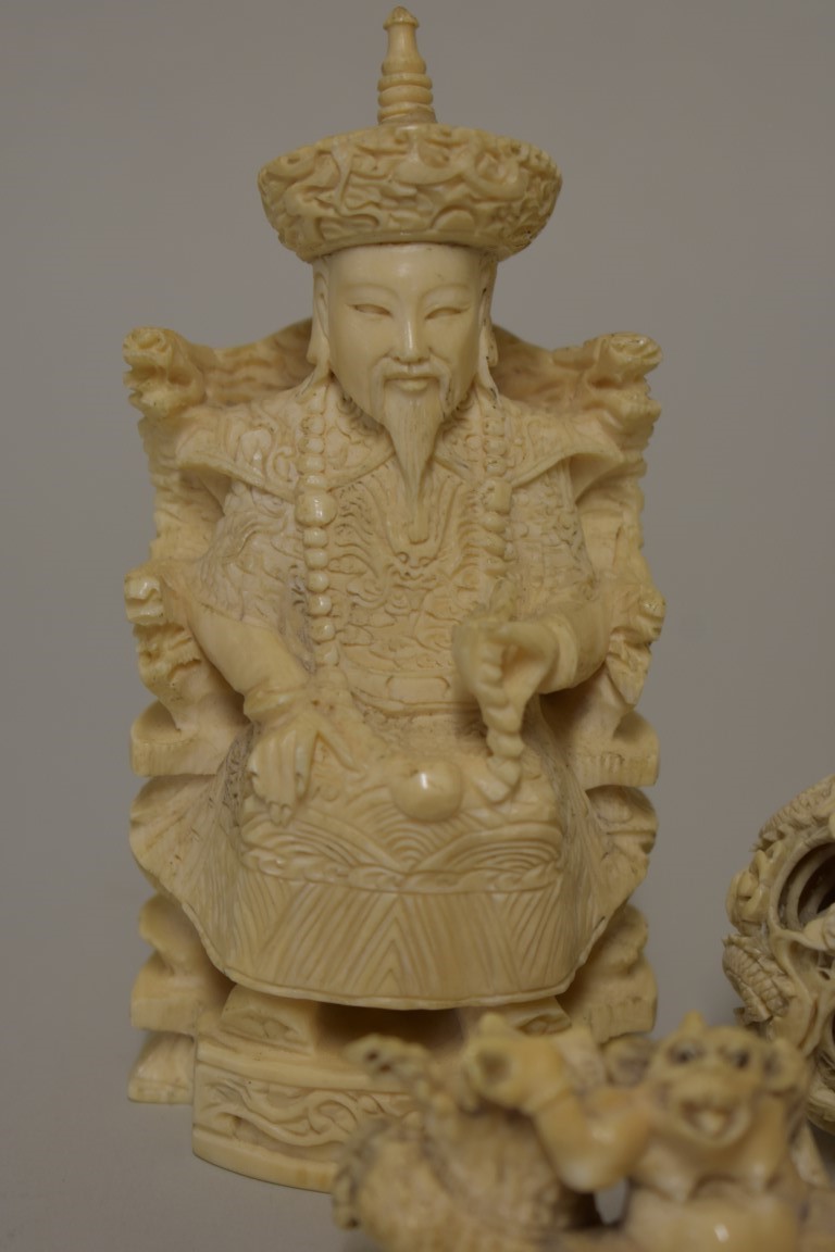 A small group of Chinese and Japanese carved ivory, comprising: a seated figure, seal mark to - Image 2 of 8