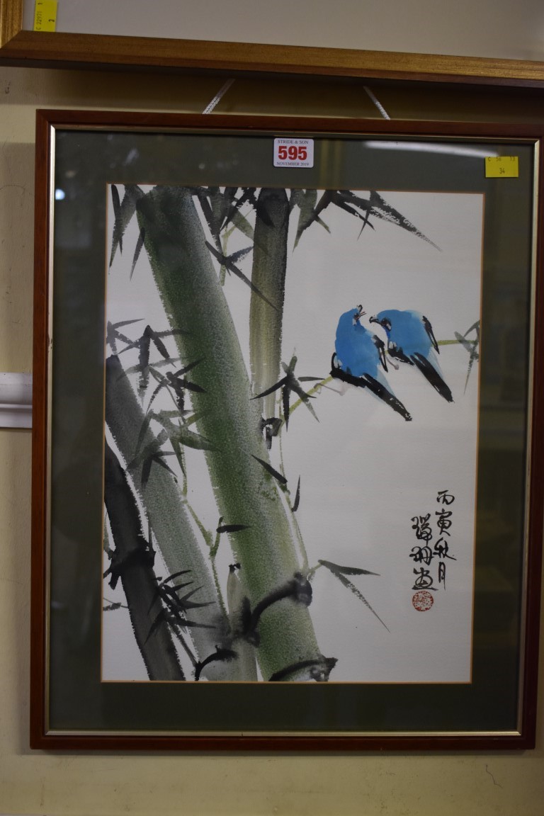 Chinese School, a pair of exotic birds on a bamboo branch, signed, watercolour, 39 x 29.5cm.