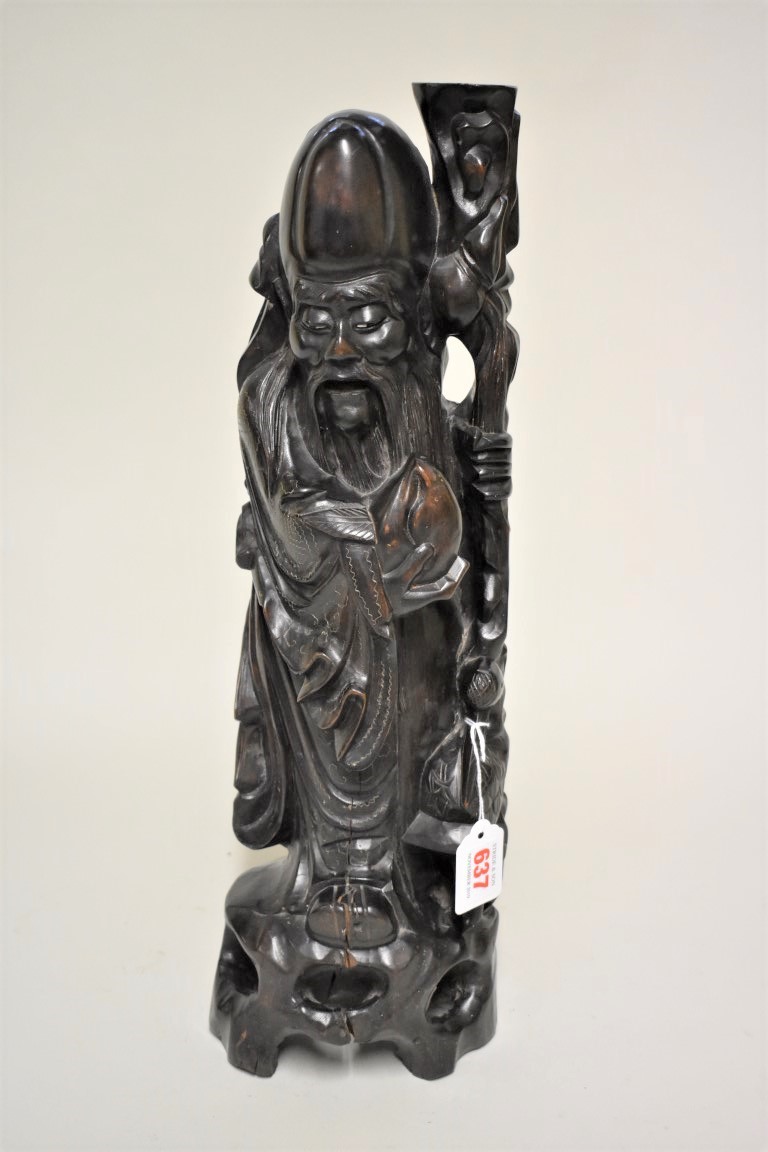 A large Chinese carved wood wood metal wire inlaid figural lamp, 49cm high.