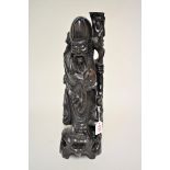 A large Chinese carved wood wood metal wire inlaid figural lamp, 49cm high.