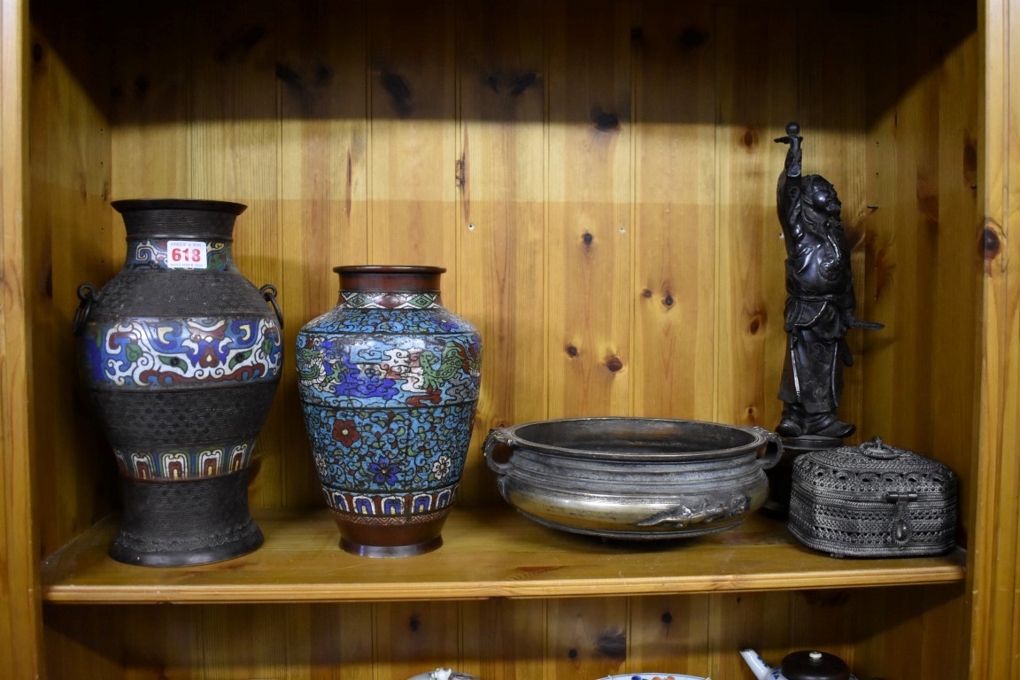 A mixed group of Oriental metalware, to include: two cloisonne enamel vases, largest 29.5cm; a