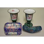 Four Chinese Canton enamel items, Qing, comprising: a pair of pedestal goblets, 16cm high; a