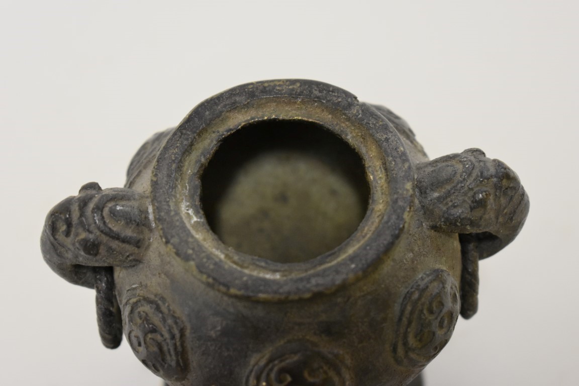 An interesting and unusual Chinese Archaic twin handled dou or stem cup, relief decorated with - Image 4 of 5