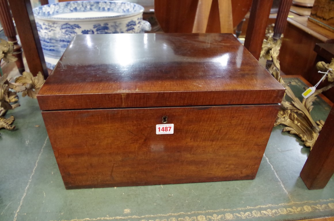 An unusual and large 19th century fiddleback mahogany tea caddy, 41cm wide.