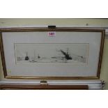 William Lionel Wyllie, a coastal scene, signed in pencil, etching, pl.8.5 x 33cm.