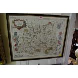 An antique hand coloured map of Surrey, by J Blaeu, pl.38.5 x 50.5cm, glazed on both sides.