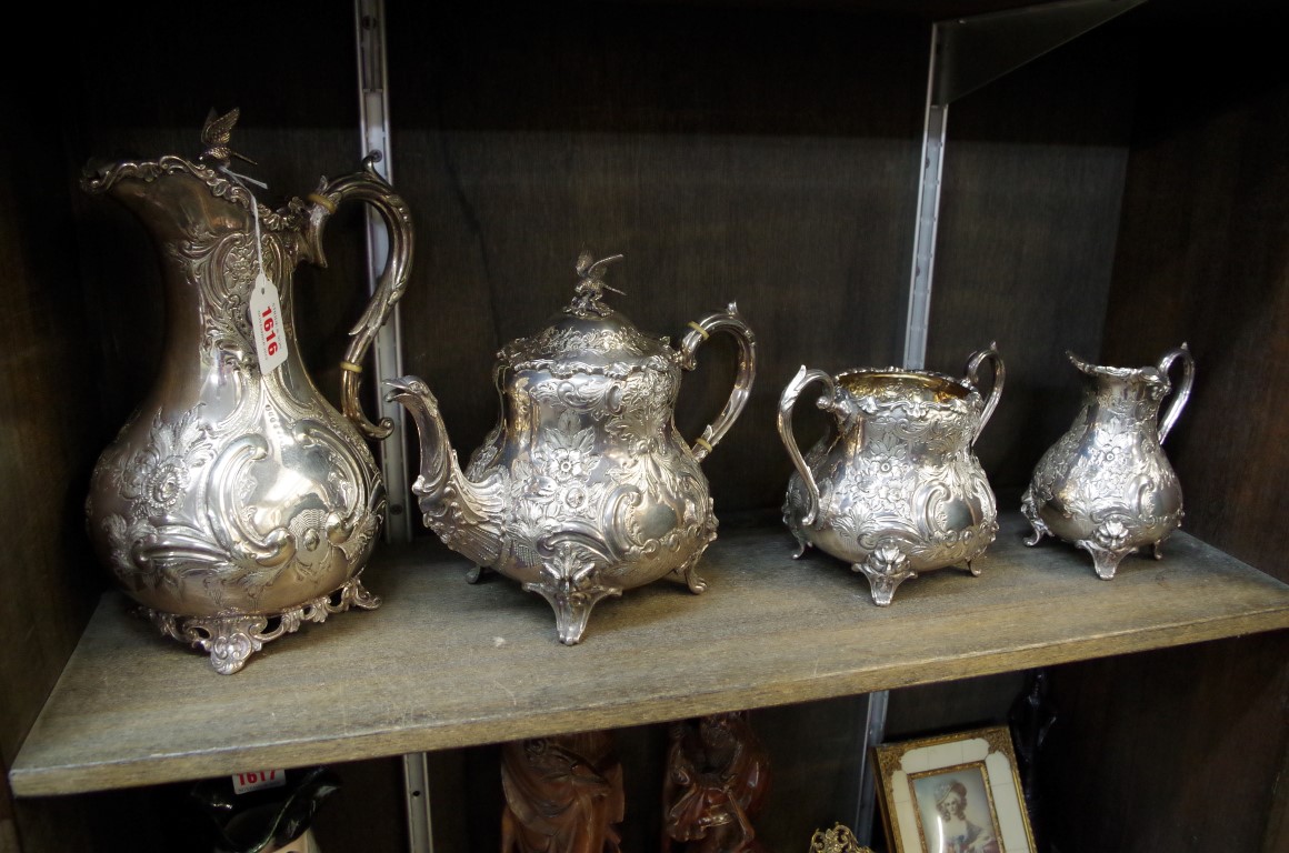 A Victorian silver electroplated four piece tea service, (variations to hot water jug).