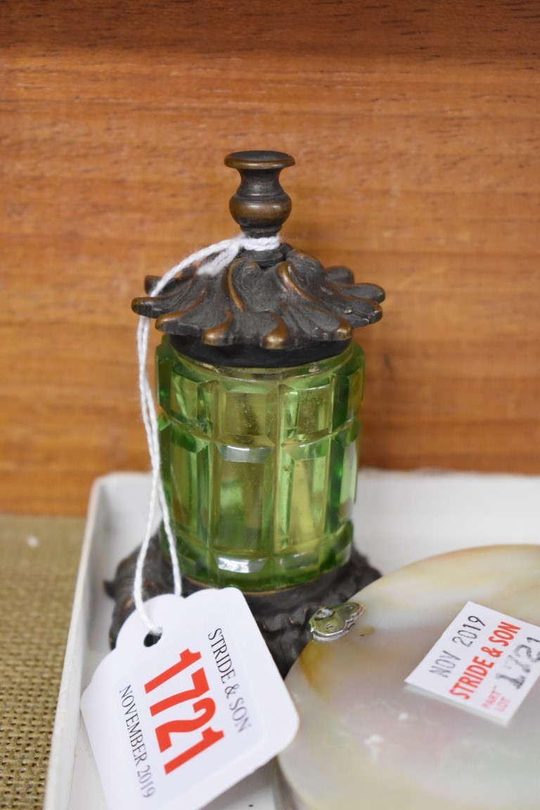 A 19th century green glass and electroplate mounted match stand; together with a mother-of- pearl - Image 2 of 2